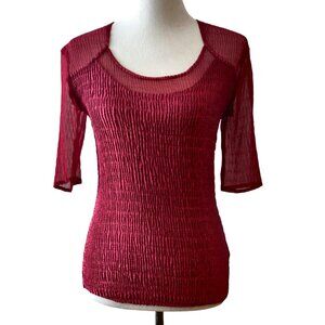 Komarov Womens Size S Wine Red Crinkle Crepe 1/2 Semi Sheer Sleeves Pullover Top